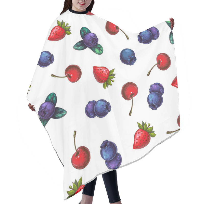 Personality  Berries Seamless Pattern Isolated On White. Mix Of Garden Or Forest Berries Endless Background. Strawberry, Blueberry, Cherry. Background Design Of Summer Fruits. Great For Packaging, Wrapping Paper. Hair Cutting Cape