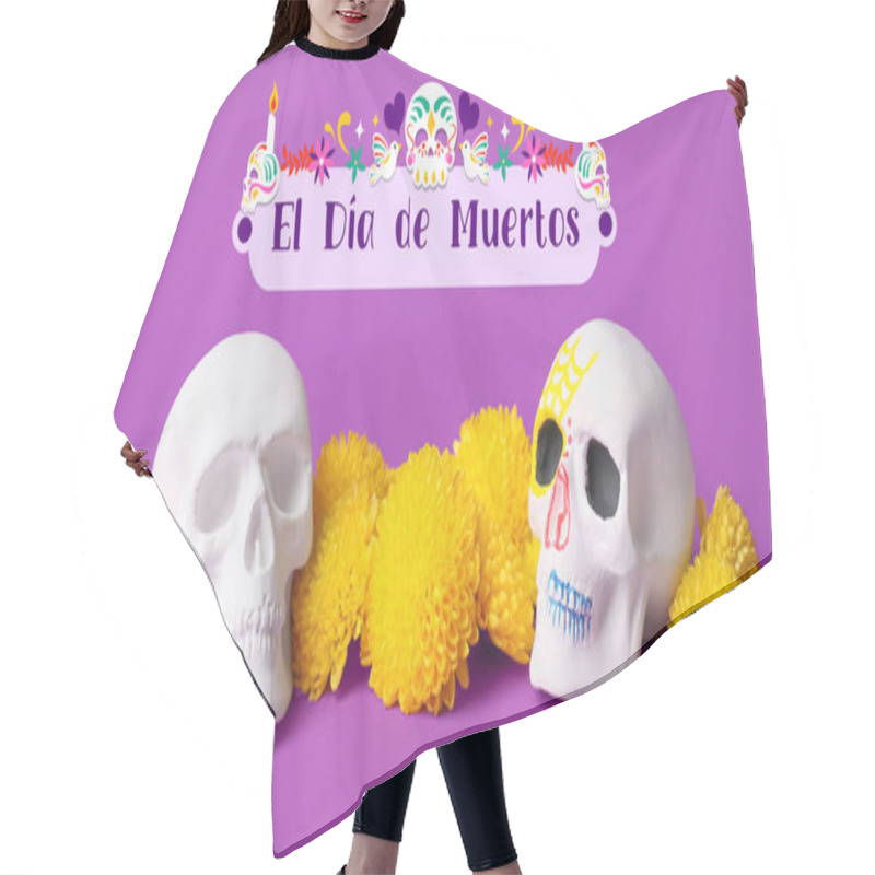 Personality  Sugar Skulls For Mexico's Day Of The Dead (El Dia De Muertos) And Flowers On Violet Background Hair Cutting Cape