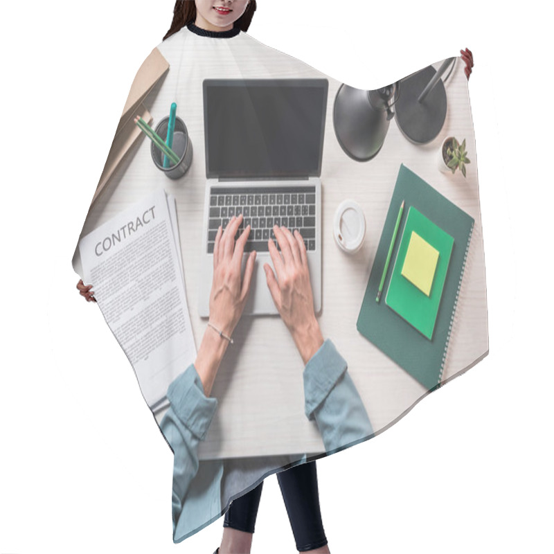 Personality  Cropped Image Of Businessman Using Laptop At Table With Contract, Stationery And Coffee  Hair Cutting Cape