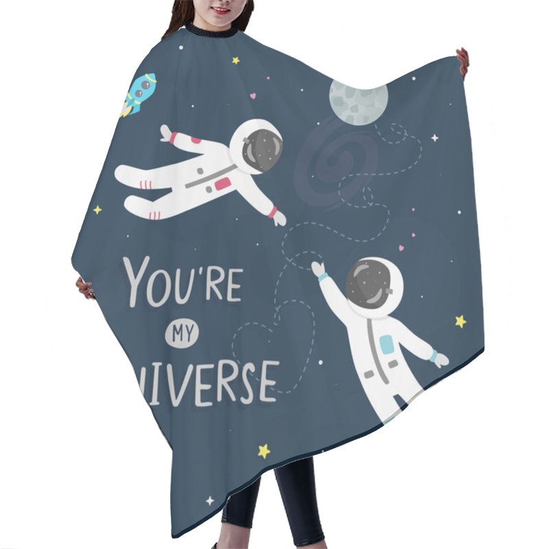 Personality  Space Love Vector Illustration. Boy Astronaut And Girl Astronaut Fly To Each Other. You're My Universe Card. Hair Cutting Cape