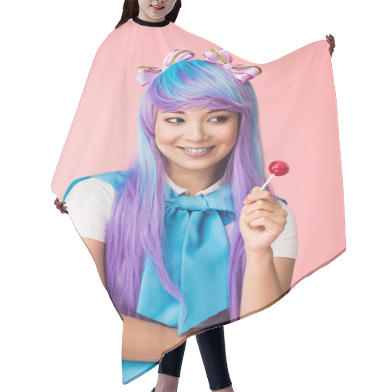 Personality  Dreamy Asian Anime Girl In Wig Holding Lollipop Isolated On Pink Hair Cutting Cape