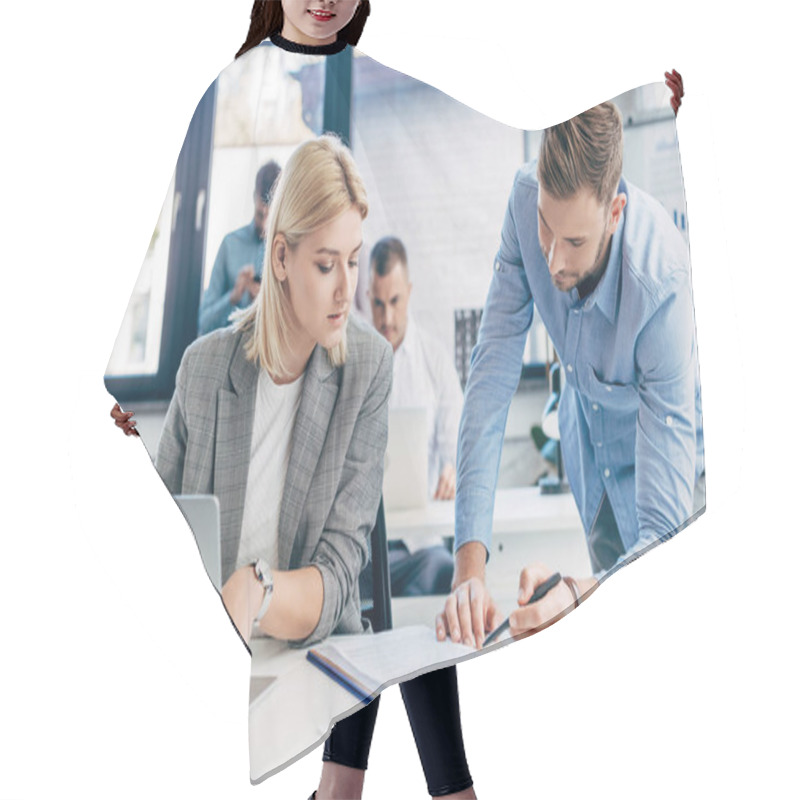 Personality  Young Businessman And Businesswoman Working With Papers And Laptop In Office Hair Cutting Cape