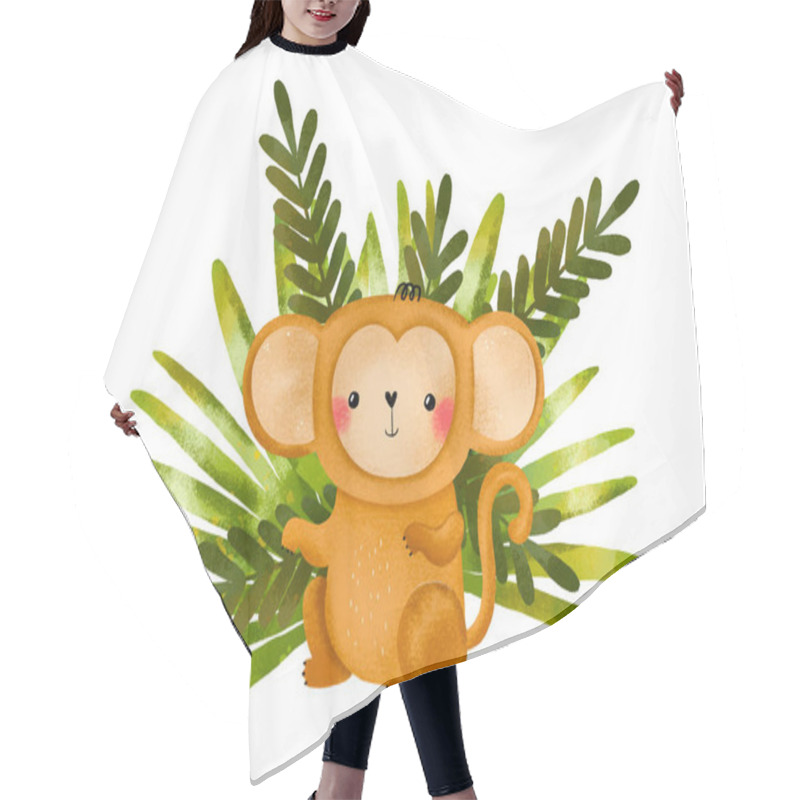 Personality  Monkey And Palm Tree Leaves. Cute Childish Cartoon Card. Poster For Nursery Bedroom With Wild Primate. Hand Drawn Illustration Hair Cutting Cape