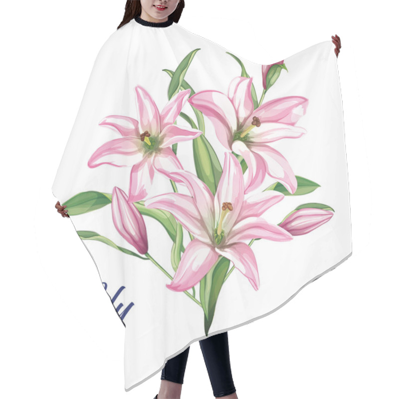 Personality  Vector Realistic Pink Lily Blossom Leaves Stem Set Hair Cutting Cape