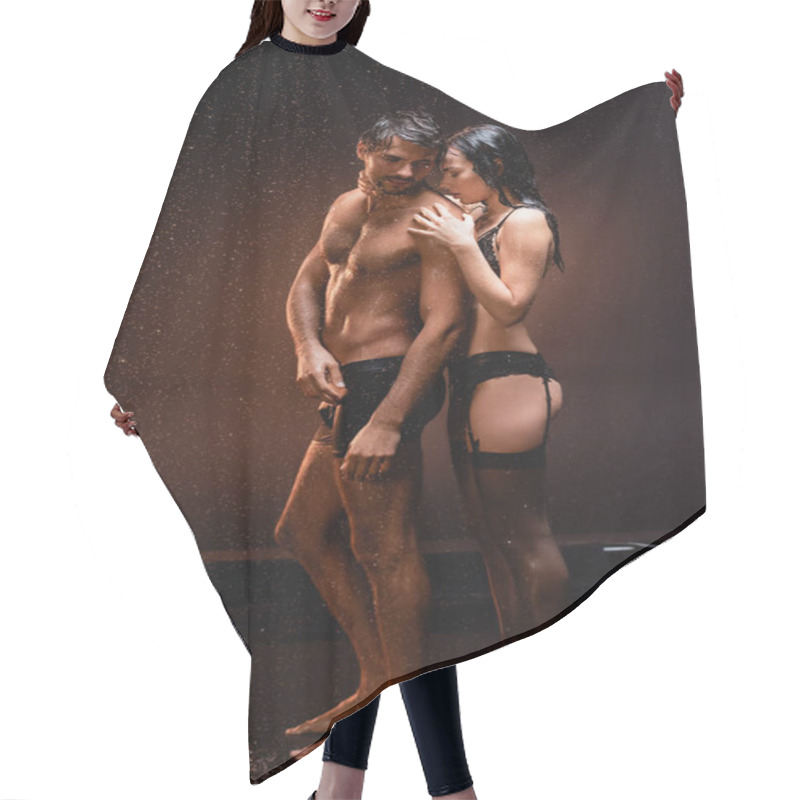 Personality  Full Length View Of Wet Woman In Black Lingerie And Stockings Embracing Sexy Man On Dark Background Under Falling Raindrops Hair Cutting Cape