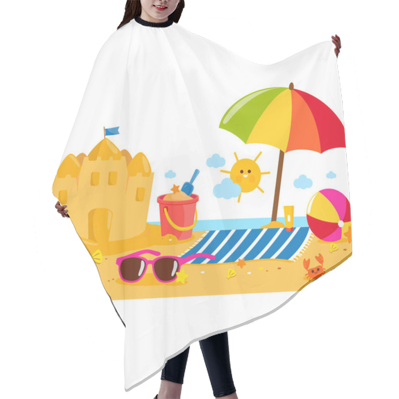 Personality  Summer Vacation Island Banner With Beach Umbrella, Towel, A Sandcastle And Other Beach Toys.  Hair Cutting Cape