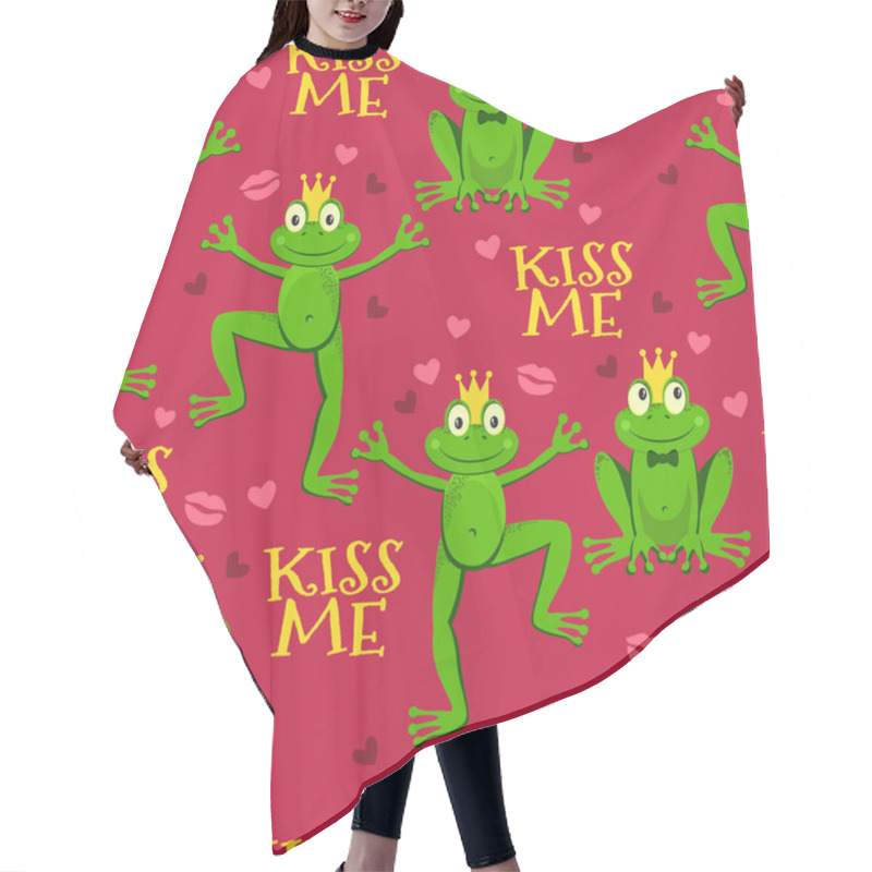 Personality  Funny Seamless Pattern With Cute Frogs, Lips And Hearts. Vector Background With Happy Animals. Kiss Me.  Hair Cutting Cape