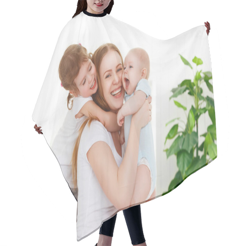 Personality  Happy Family Mother And Two Children, Son And Daughter In Bed  Hair Cutting Cape