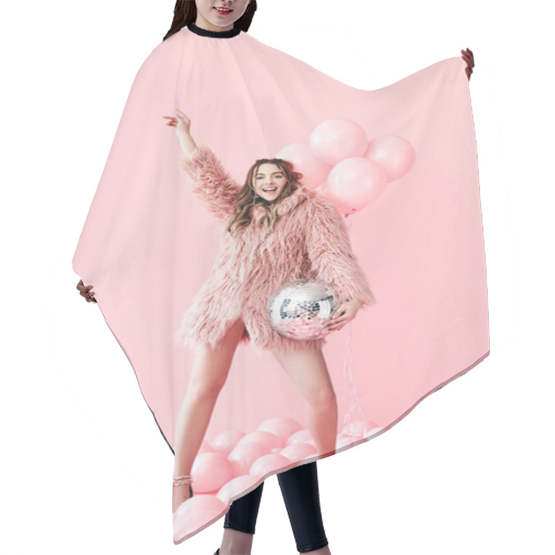 Personality  Trendy Young Woman Have Fun With Party Disco Ball On Pink Balloons Background Hair Cutting Cape