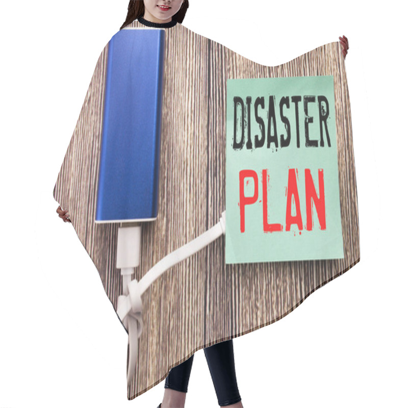 Personality  Handwritten Text Caption Showing Disaster Plan. Business Concept Writing For Emergency Recovery Written On Sticky Note With Copy Space Old Wood Wooden Background With Power Bank Hair Cutting Cape