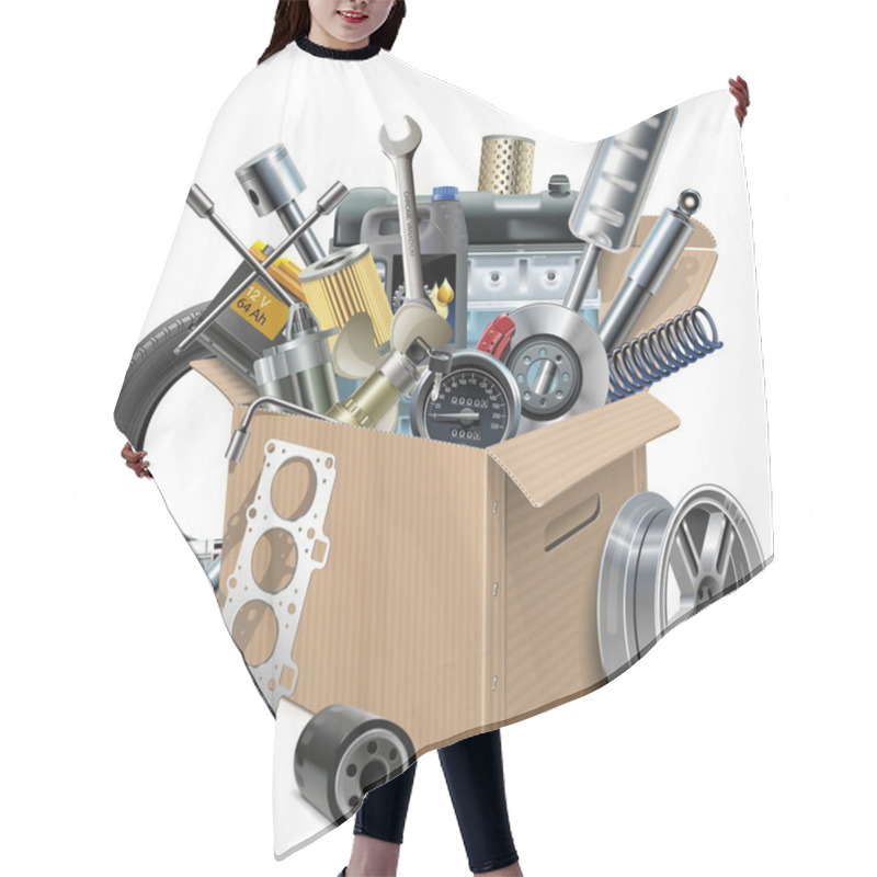 Personality  Vector Carton Box With Car Spares Hair Cutting Cape