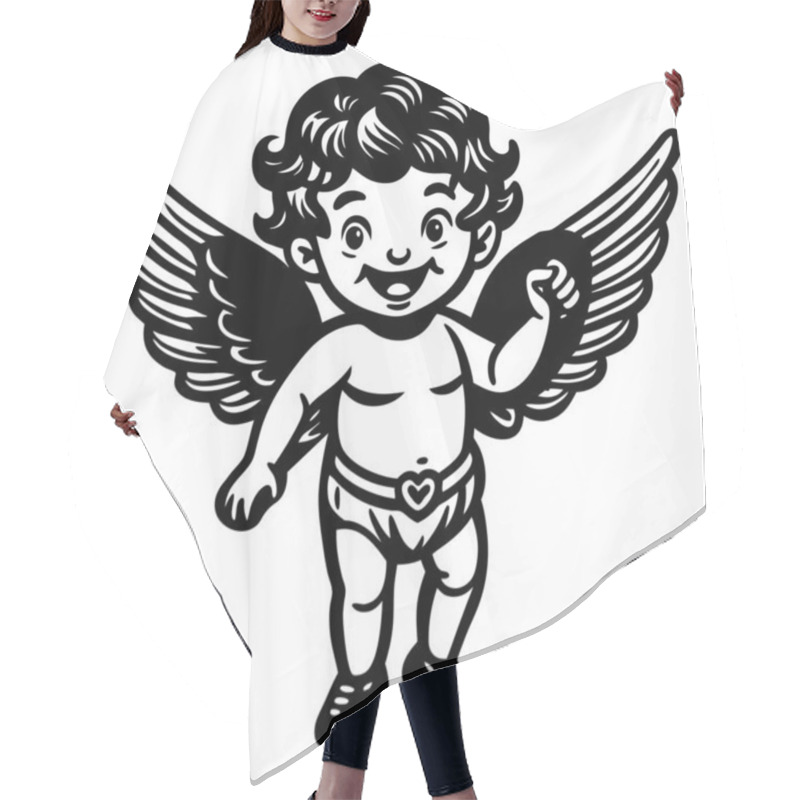 Personality  Happy Cherub With Wings And Heart-shaped Belt Buckle. Black And White Line Art Illustration For Valentine's Day Design Hair Cutting Cape