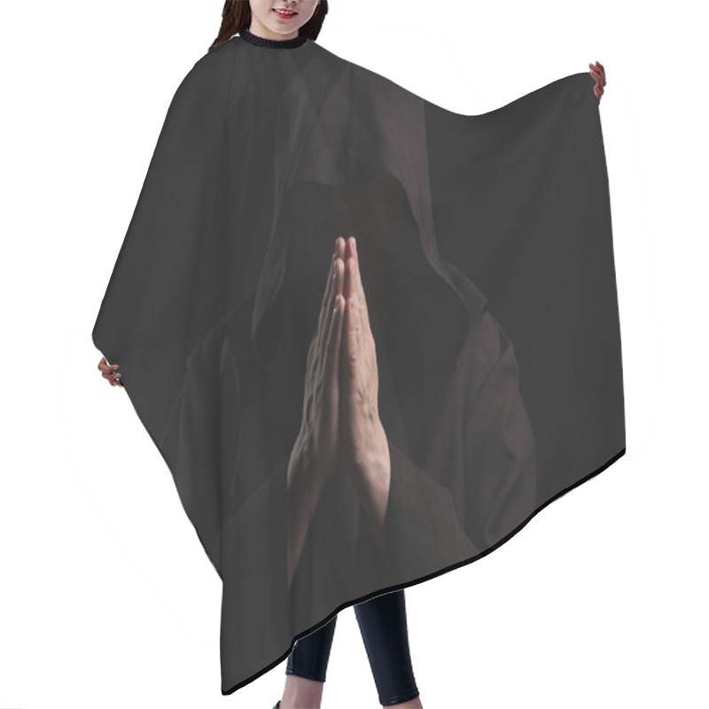 Personality  Front View Of Mysterious Anonymous Monk With Praying Hands Isolated On Black Hair Cutting Cape