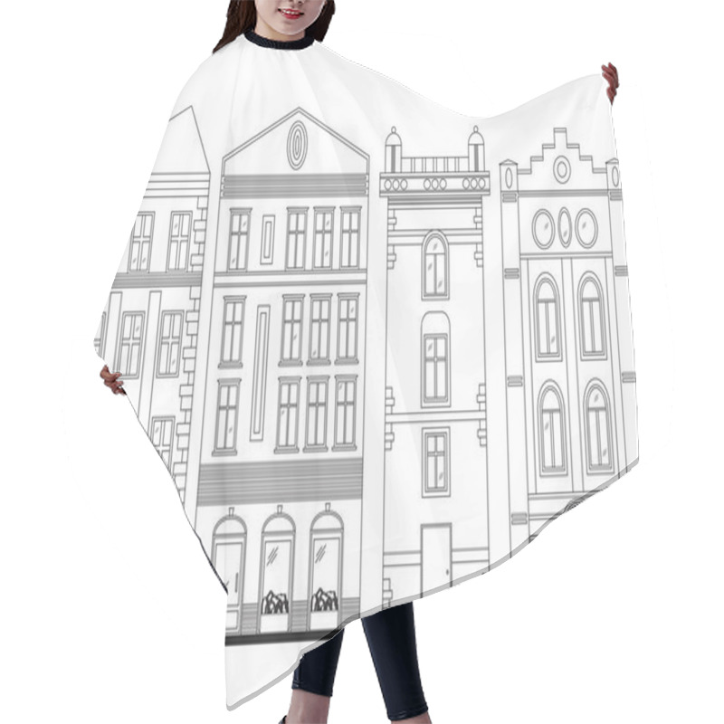 Personality  Beautiful Detailed Linear Cityscape Collection With Townhouses. Small Town Street With Victorian Building Facades. Template For Web, Graphic, Game And Motion Design. Hair Cutting Cape