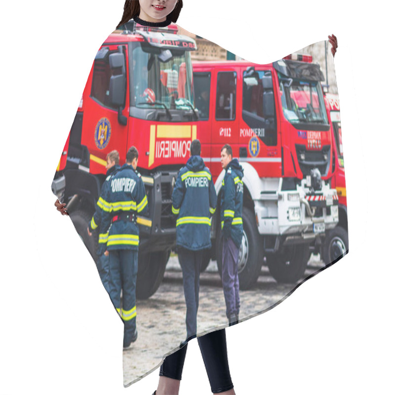 Personality  Romanian Firefighting Emergency Firemen (Pompierii) Parked In Front Of The Home Office (Ministry Of The Interior) In Bucharest, Romania, 2020. Coronavirus Worldwide Outbreak Crisis. Spread Of The COVID-19 Virus Hair Cutting Cape