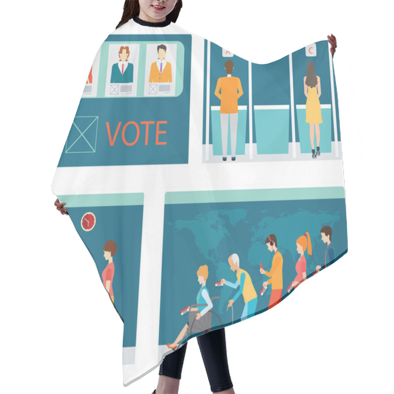 Personality  Info Graphic Of Voting Booths With People Waiting In Line. Hair Cutting Cape