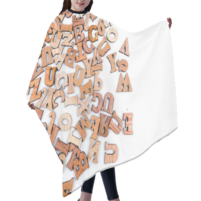 Personality  Scattered Mixed Brown Wooden Letters Of The English Alphabet On White Background, Copy Space, As A Background Composition  Hair Cutting Cape