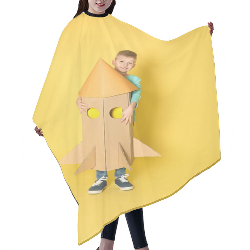 Personality  Little Child Playing With Rocket Made Of Cardboard Box On Yellow Background Hair Cutting Cape