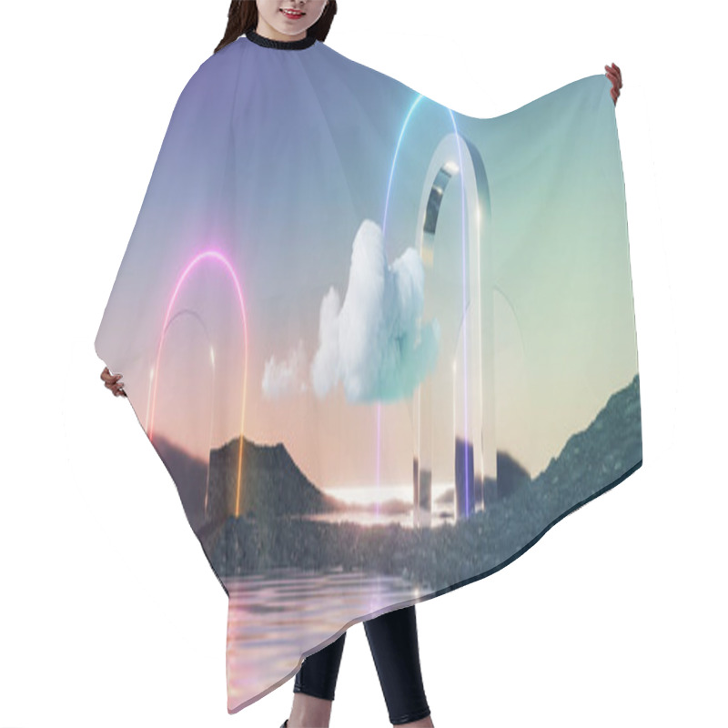 Personality  3d Render, Abstract Panoramic Background. Fantastic Landscape With Water, Rocks, Mirror Arch, Neon Frame And Cloud. Pastel Gradient Sky. Modern Minimal Aesthetic Wallpaper Hair Cutting Cape