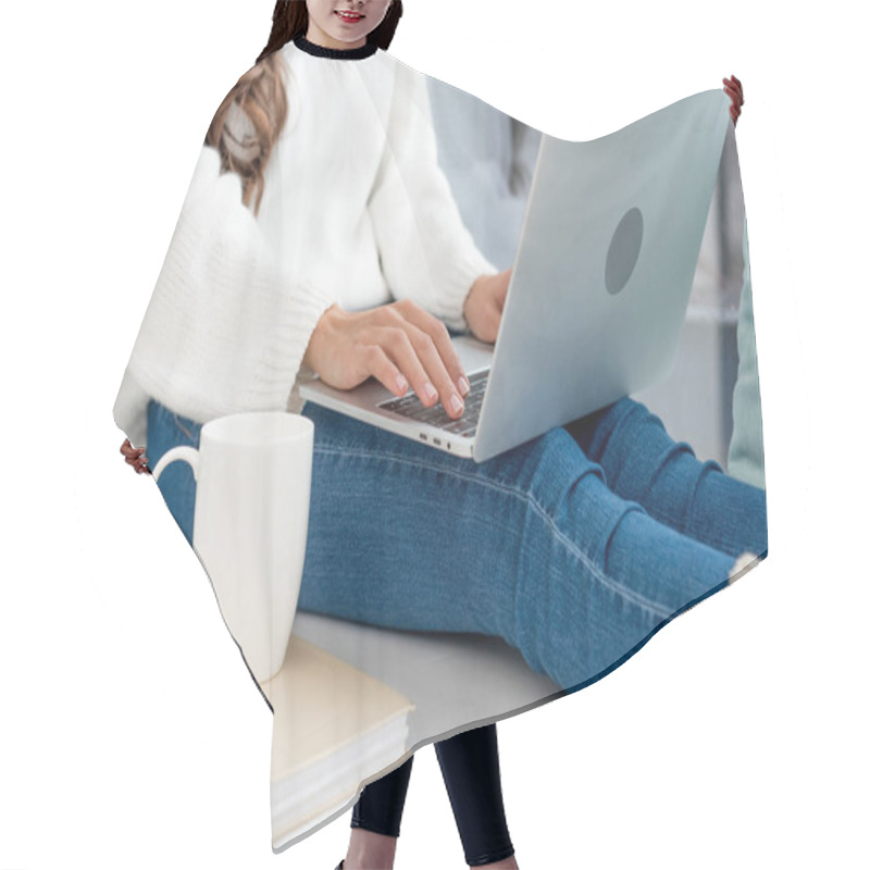 Personality  Cropped Shot Of Freelancer With Cup Of Coffee Working With Laptop On Windowsill At Home Hair Cutting Cape