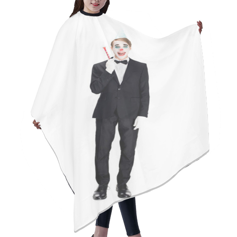 Personality  Cheerful Clown In Suit And Birthday Cap Holding Blower Isolated On White  Hair Cutting Cape