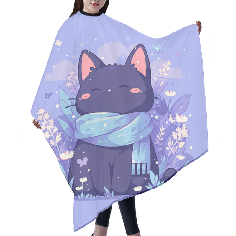 Personality  Adorable Cartoon Cat In Floral Meadow With Scarf Amid Butterflies. Vector Cute Cat. Hair Cutting Cape