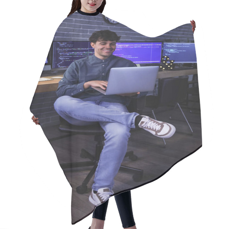 Personality  Male Programmer Working With Laptop In Office At Night Hair Cutting Cape