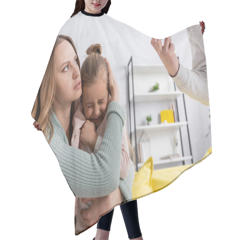 Personality  Angry Man Standing Near Scared Kid And Wife  Hair Cutting Cape