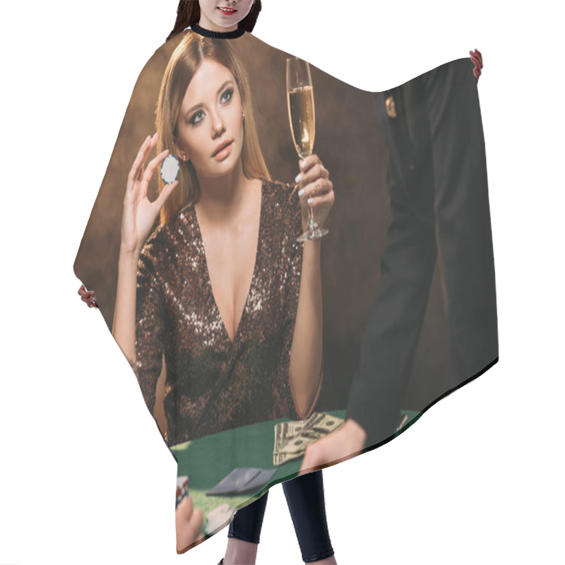 Personality  Beautiful Woman Holding Glass Of Champagne And Poker Chip At Table In Casino Hair Cutting Cape