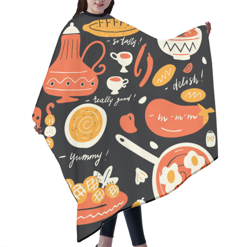 Personality  Funny Hand Drawn Illustration Of Traditional Middle Eastern Cuisine With Hand Written Quotes About Tasty Food.Colorful Elements On Black Background. Vector Hair Cutting Cape