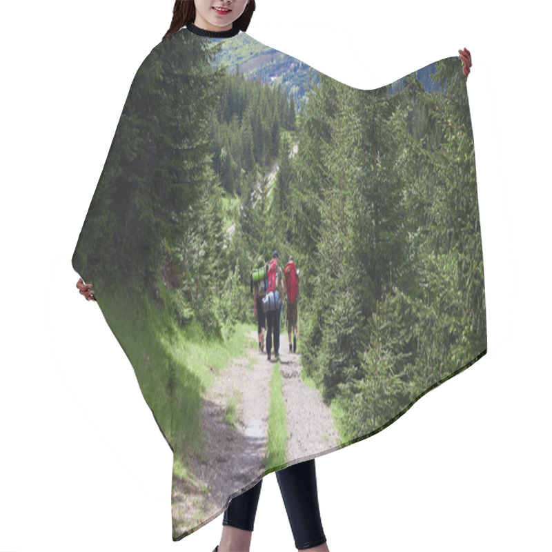 Personality  Adventure, Travel, Tourism, Hike And People Concept - Group Of Friends Walking With Backpacks From Back Hair Cutting Cape