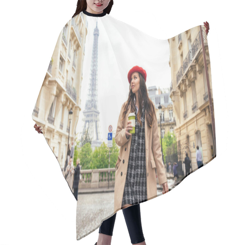 Personality  Beautiful Young Woman Visiting Paris And The Eiffel Tower. Parisian Girl With Red Hat And Fashionable Clothes Having Fun In The City Center And Landmarks Area Hair Cutting Cape