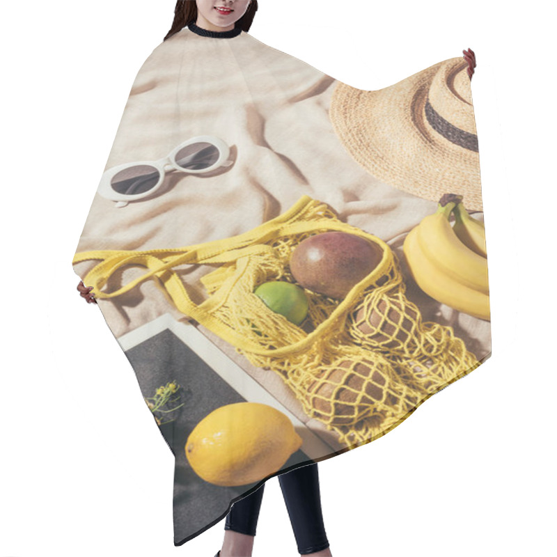 Personality  Top View Of Straw Hat, Sunglasses, Flowers, Digital Tablet And String Bag With Ripe Fruits Hair Cutting Cape