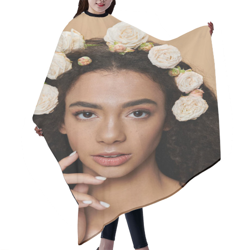 Personality  A Young Woman With Natural Makeup And A Flower Crown, Radiating Natural Beauty. Hair Cutting Cape