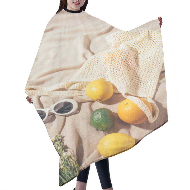 Personality  High Angle View Of Sunglasses, Flowers And String Bag With Tropical Fruits Hair Cutting Cape