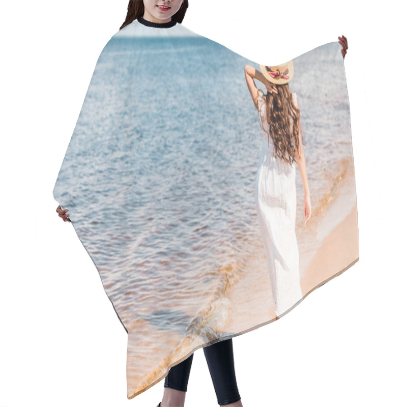 Personality  Back View Of Woman In Straw Hat And White Dress Walking On Beach Near Sea Hair Cutting Cape