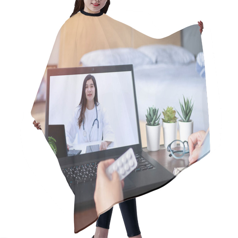 Personality  Sick Woman Use Video Conference, Make Online Consultation With Doctor Via Laptop Computer, Patient Ask Doctor About Illness And Medication Via Video Call. Telehealth, Telemedicine And Online Hospital Hair Cutting Cape