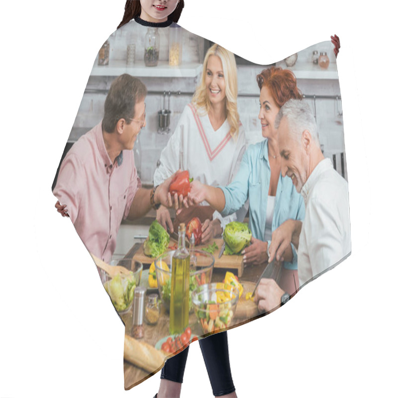 Personality  Smiling Old Mature Friends Preparing Salad For Dinner And Talking At Home Hair Cutting Cape