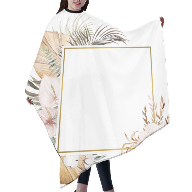 Personality  Watercolor Bohemian Square Frame With Tropical And Cotton Flowers, Dried Palm Leaves And Pampas Grass Illustration With Copy Space Isolated. Beige Element For Wedding Design, Greetings Cards, Crafting Hair Cutting Cape