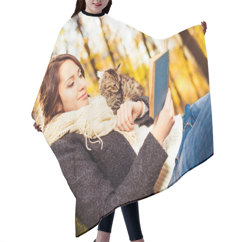 Personality  Brunet With Cat Reading Book Outside Hair Cutting Cape