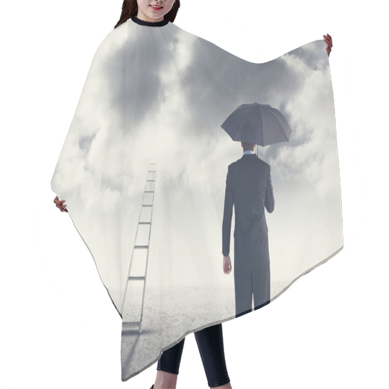 Personality  Businessman Sheltering With Umbrella Hair Cutting Cape