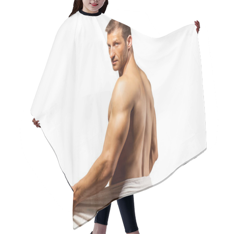 Personality  Half-naked Handsome And Muscular Young Man With Towel Around His Waist Posing On A White Background Hair Cutting Cape