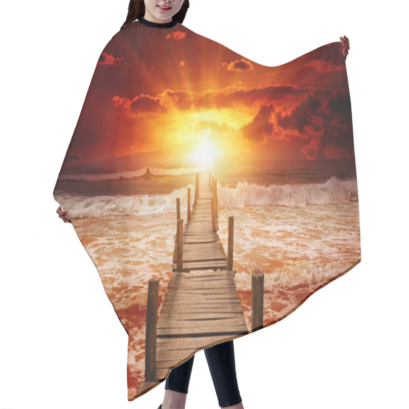 Personality  Pier For Boats Into The Sea. Bright Sunrise Over The Ocean. Hair Cutting Cape