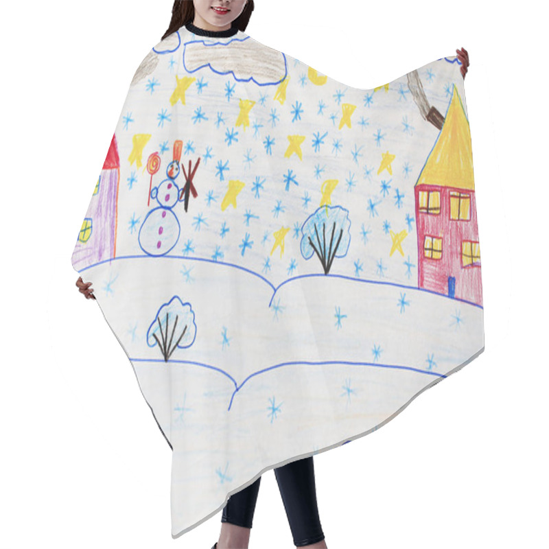 Personality  Children's Drawing Of Houses Standing On The Snowy Hills And Snowfall Hair Cutting Cape