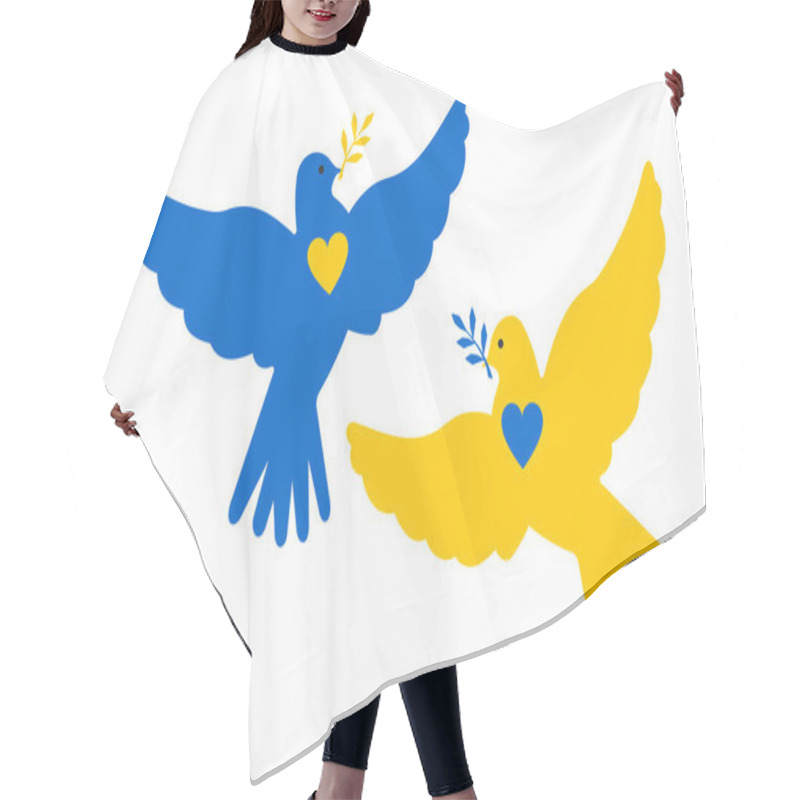 Personality  A Pair Of Cute Yellow And Blue Peace Doves With A Twig In Their Beak And A Heart On Their Chest. Birds In Support Of Peace In Ukraine.  Hair Cutting Cape