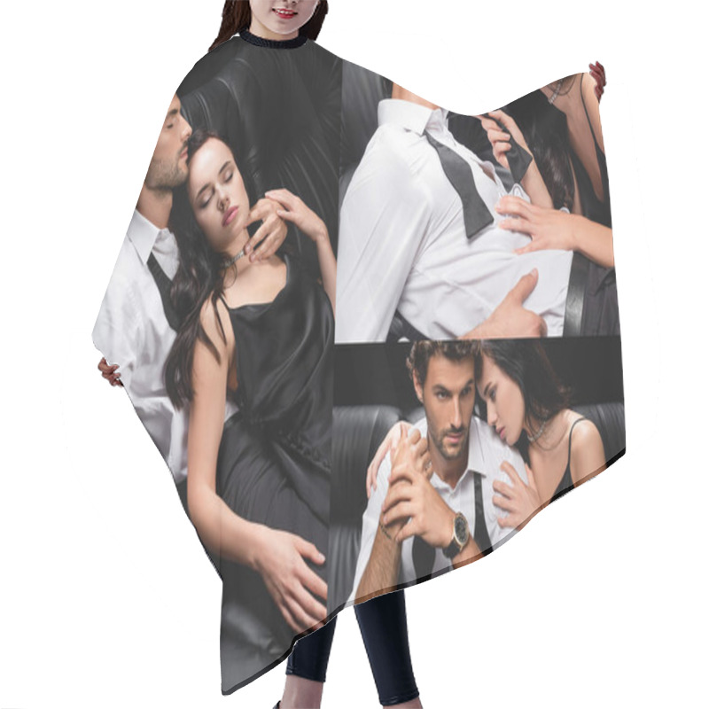 Personality  Collage Of Sexy Woman In Satin Dress And Man With Glass Of Whiskey On Leather Couch Isolated On Black Hair Cutting Cape