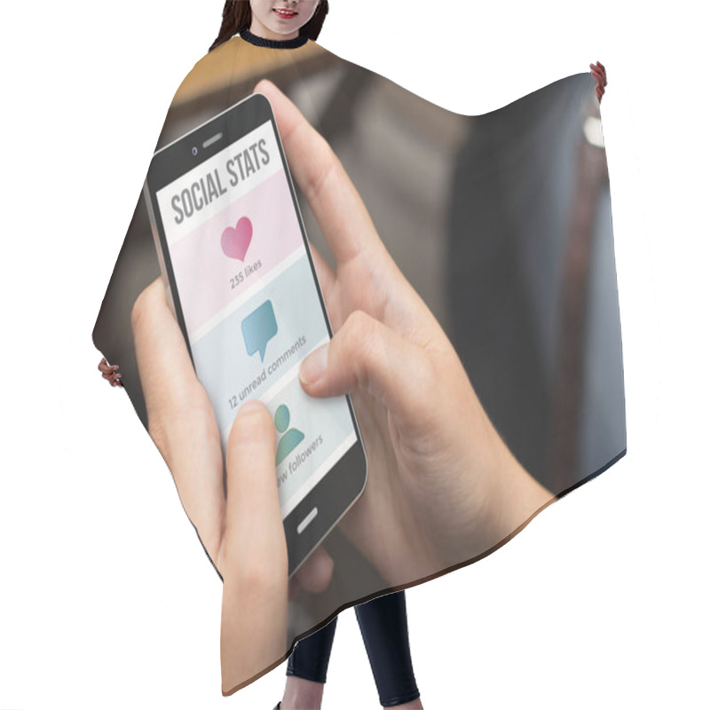 Personality  Girl Using Smartphone With Social Stats Hair Cutting Cape