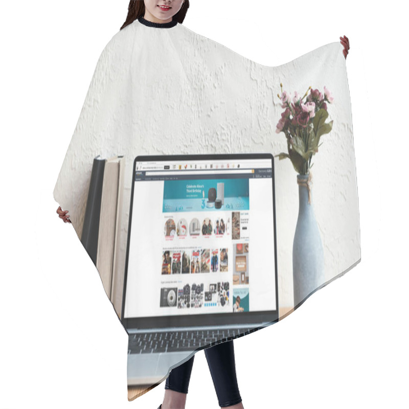 Personality  Laptop With Amazon Website On Screen, Books And Flowers In Vase On Wooden Table Hair Cutting Cape