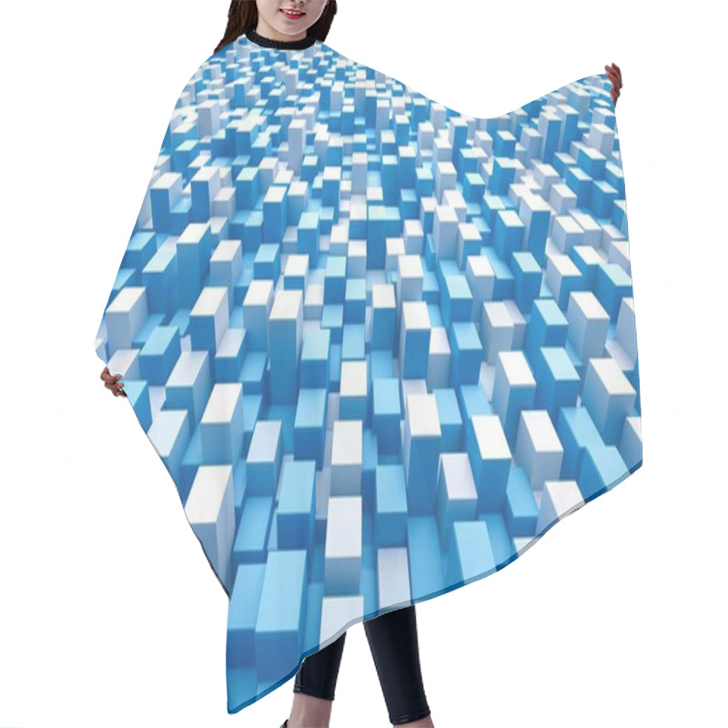 Personality  Abstract Geometric Pattern With A Blue And White Grid, Creating A 3D Perspective Illusion. Minimalist Design With Cubes, Tessellation, And A Futuristic, Technological Aesthetic Hair Cutting Cape