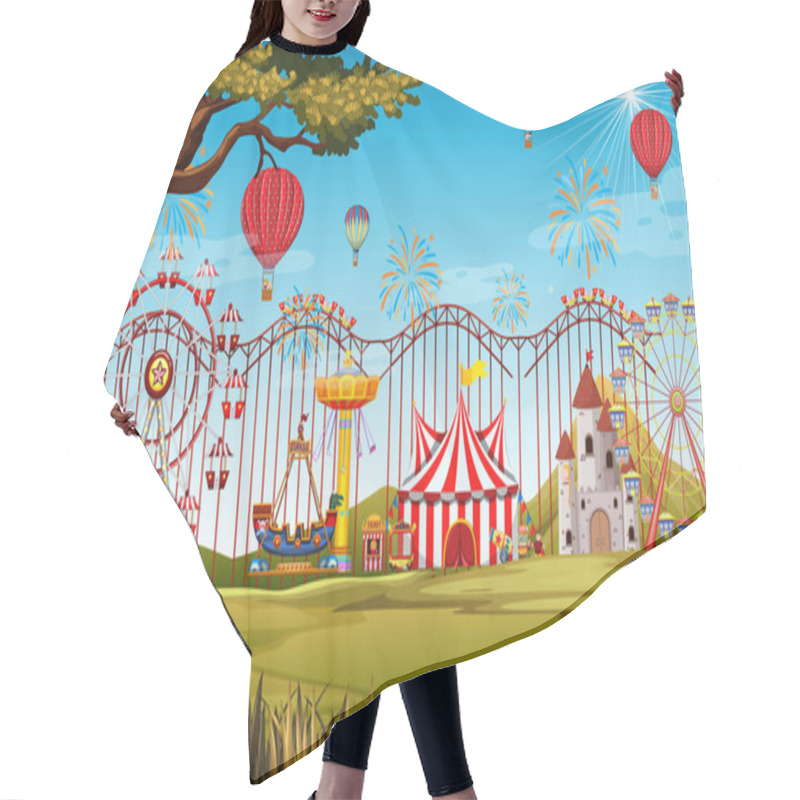 Personality  Themepark Scene With Many Rides In The Big Field Illustration Hair Cutting Cape